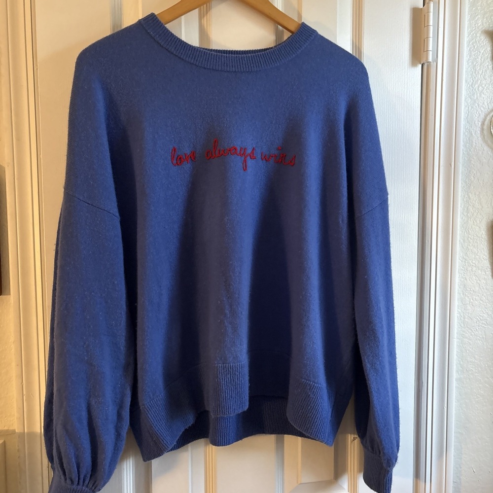 SPIRITUAL GANGSTER Women's Wool Cashmere Medium Sweater Blue w/ Red Embroidery